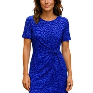 ANN TAYLOR Ruched Tied Waist Dress Blue Print Draped Dolman Sleeve Size M